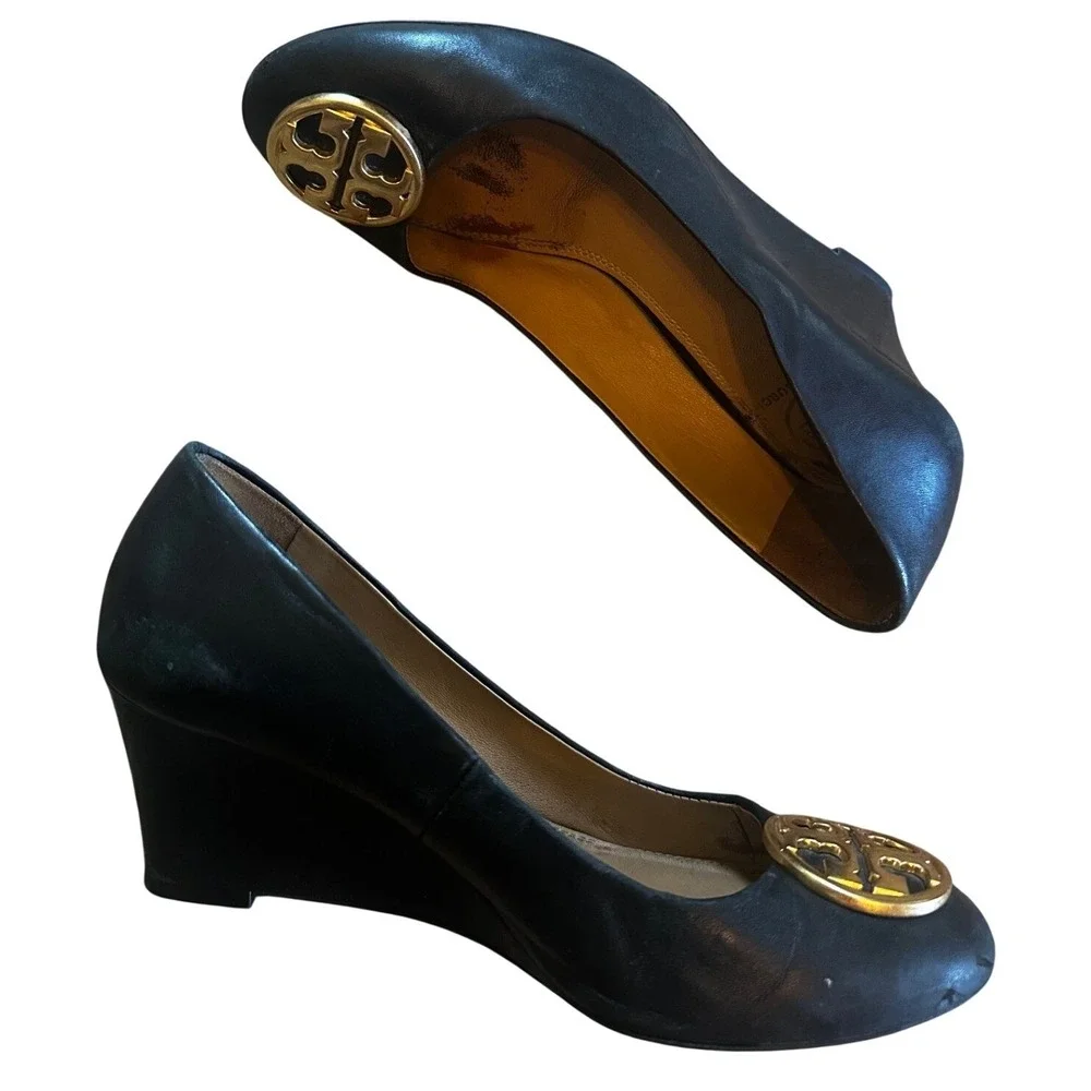 Tory Burch Black Leather Sally Wedge Pumps Women's 5